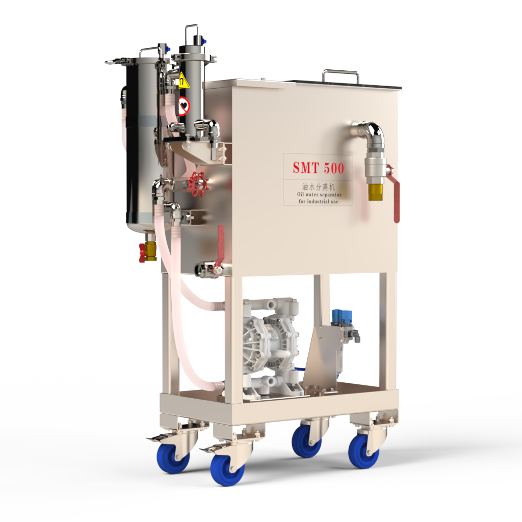 FRIESS SMT500V 移动式切削液净化机斜侧视图，展示过滤柱、净化槽和移动底座