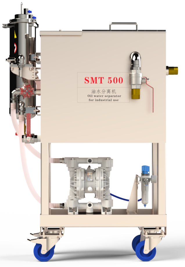 FRIESS SMT500V 移动式切削液净化机正视图，展示净化槽、泵和过滤组件